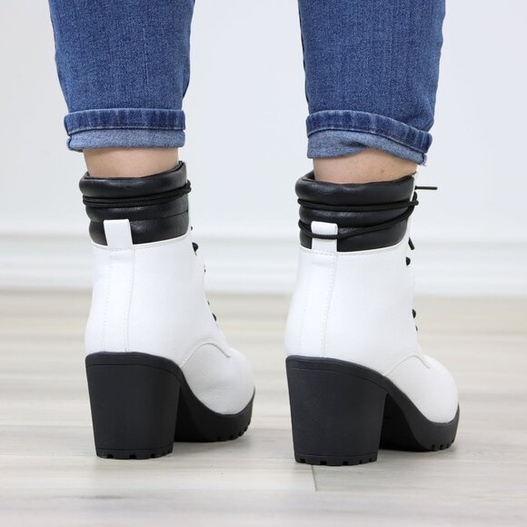 White Ankle Boots Lug Chunky Block High Heel Lace-Up Faux Leather - Picture 8 of 12